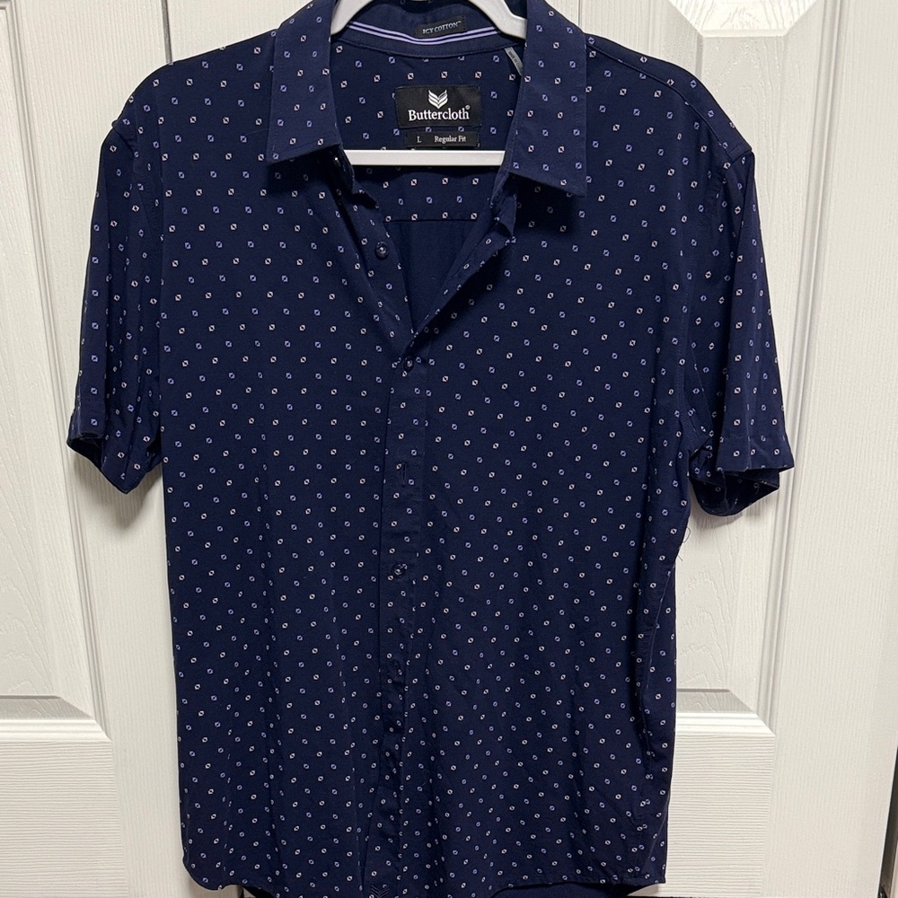 Buttercloth Navy Short-Sleeve Button-Down Shirt with Micro Dot Print